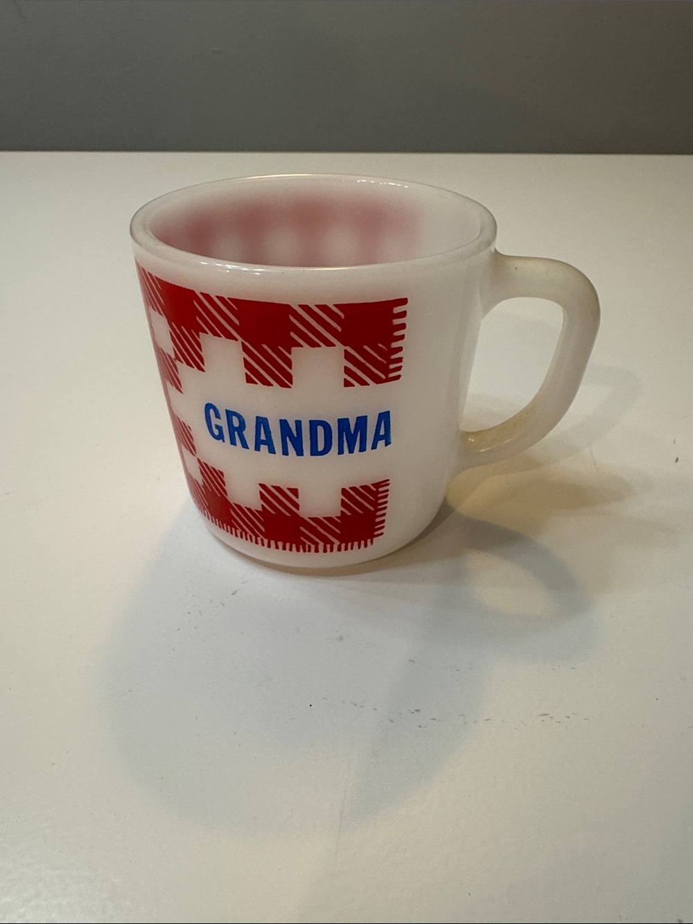 Vintage Grandma Red Plaid Milk Glass Coffee Mug